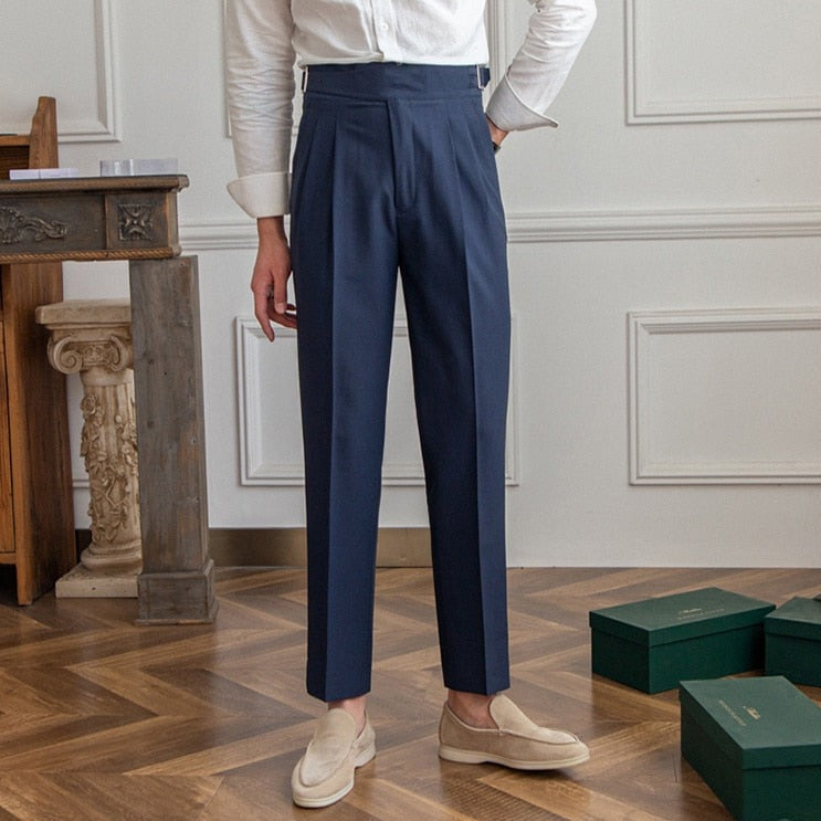 Men's High Waist Custom Pants – Classic Pleated Trousers with Buckle Closure, Business and Formal Style
