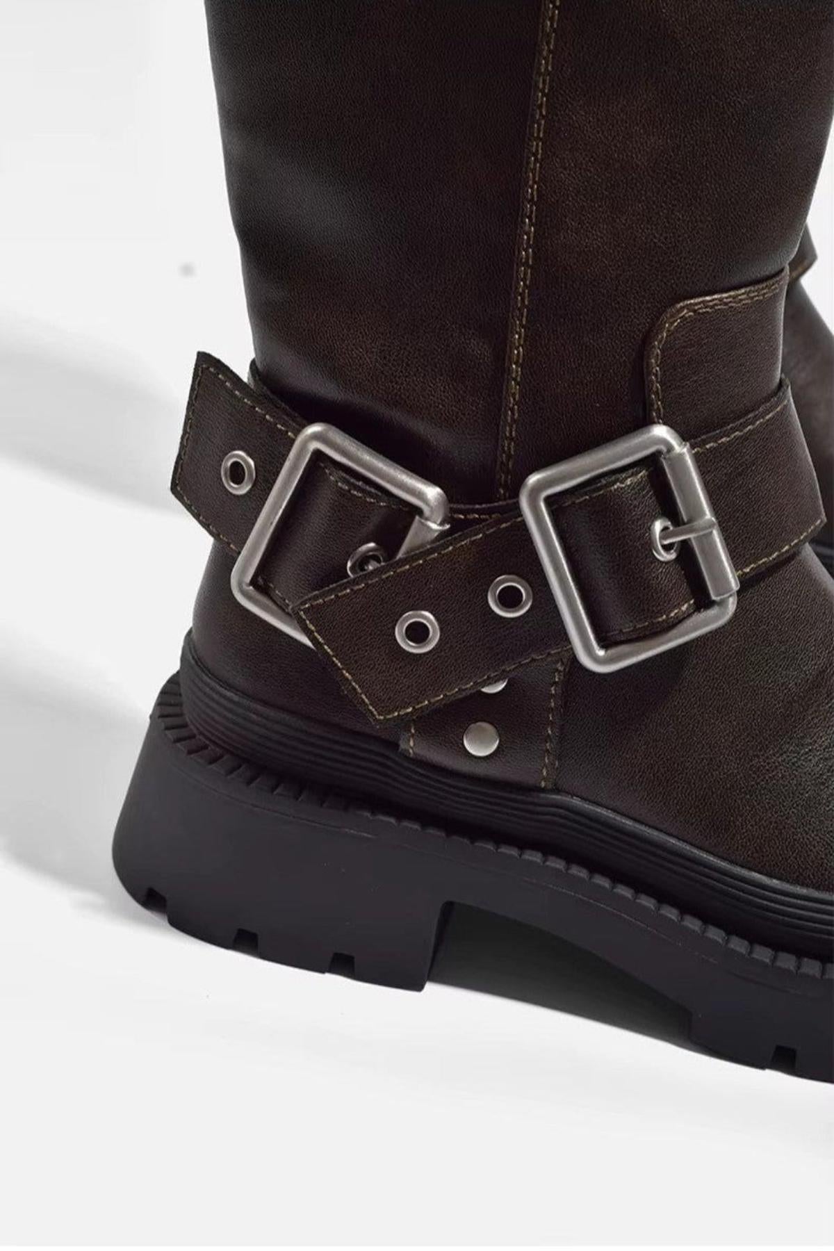 Women's Knee-High Biker Boots with Buckle and Thick Sole – Retro Style & Comfort
