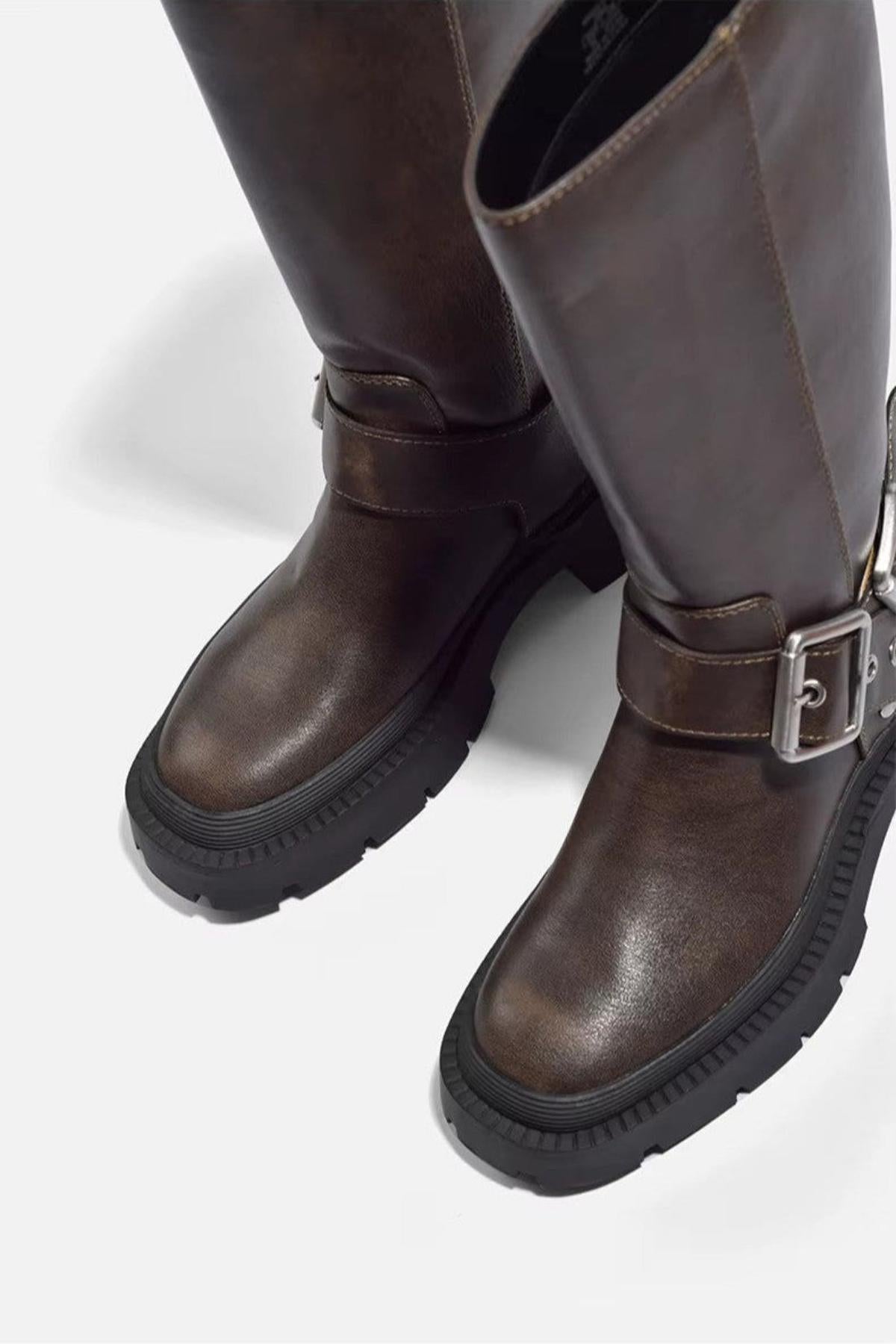 Women's Knee-High Biker Boots with Buckle and Thick Sole – Retro Style & Comfort
