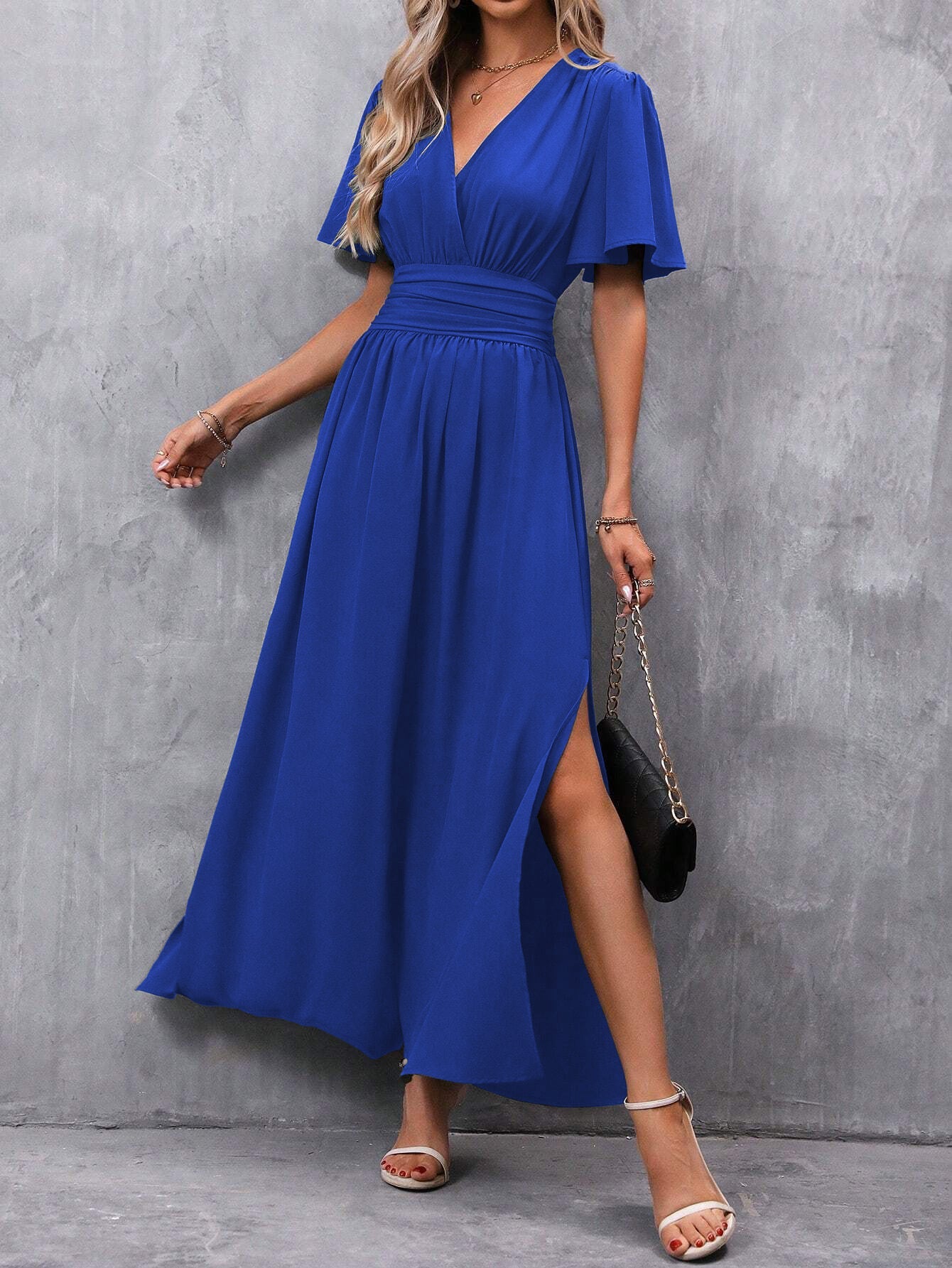 Women's Maxi Dress with V-Neck and Split – Elegant Evening Dress with Summery Flair