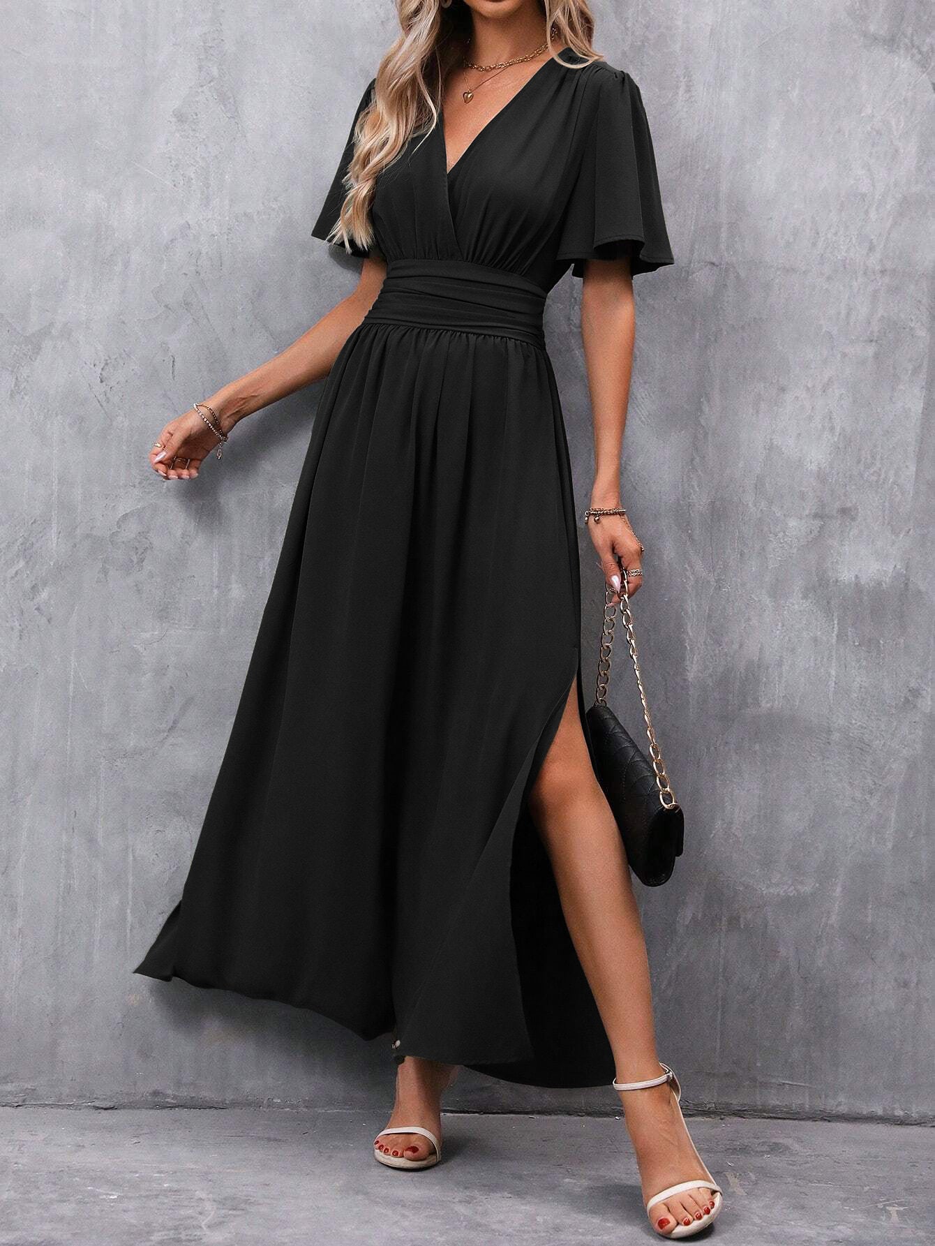 Women's Maxi Dress with V-Neck and Split – Elegant Evening Dress with Summery Flair