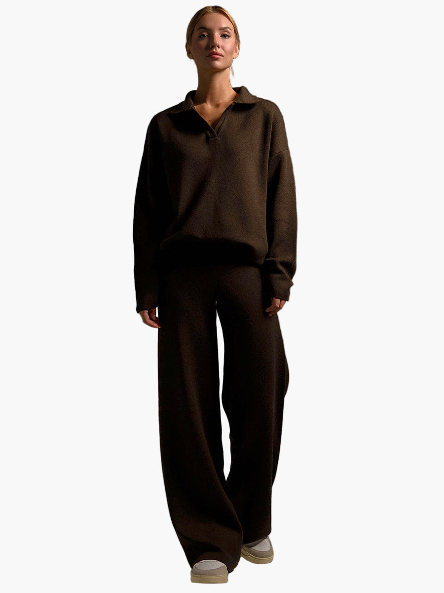 Women's Loungewear Set - Comfortable Knitted Oversized Sweater and Wide Pants - Casual Outfit