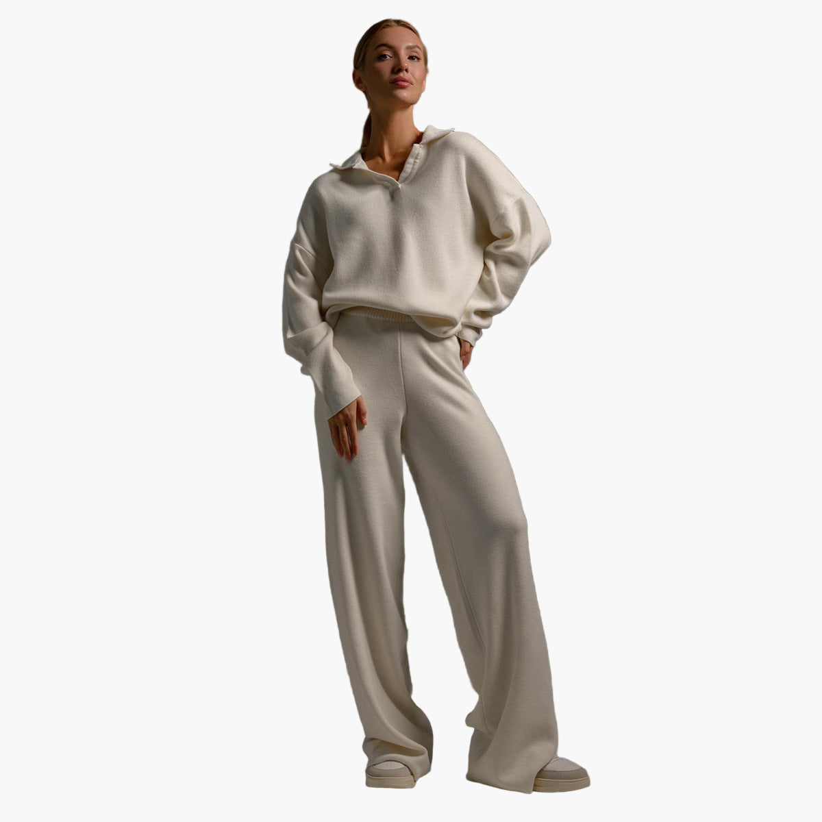 Women's Loungewear Set - Comfortable Knitted Oversized Sweater and Wide Pants - Casual Outfit