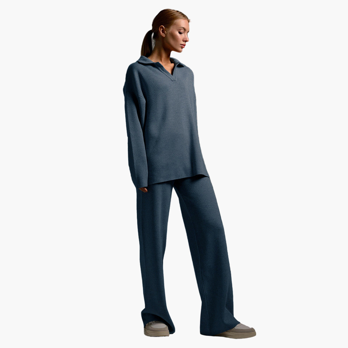Women's Loungewear Set - Comfortable Knitted Oversized Sweater and Wide Pants - Casual Outfit
