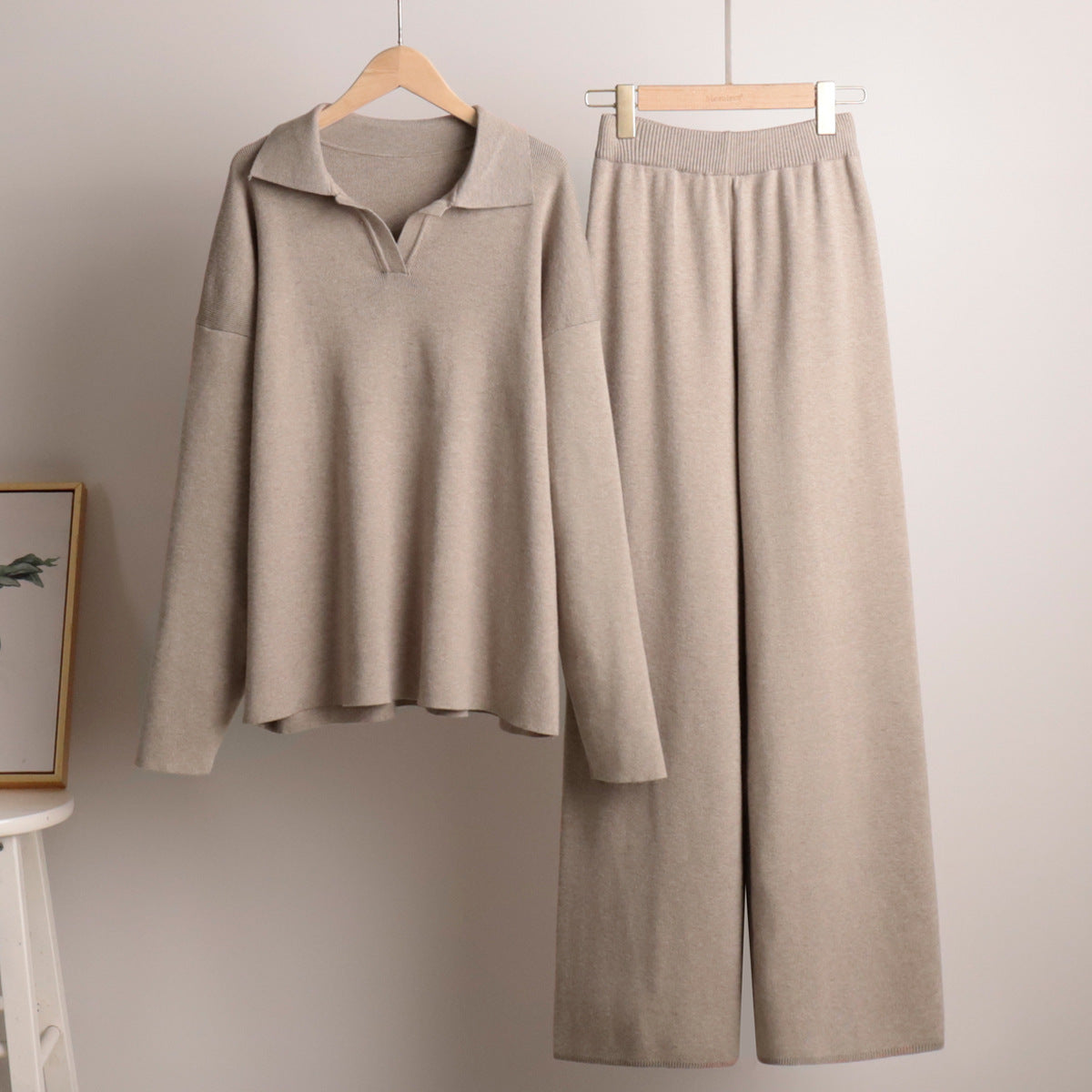 Women's Loungewear Set - Comfortable Knitted Oversized Sweater and Wide Pants - Casual Outfit