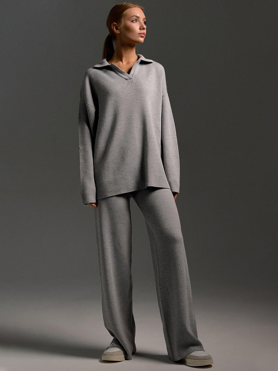 Women's Loungewear Set - Comfortable Knitted Oversized Sweater and Wide Pants - Casual Outfit
