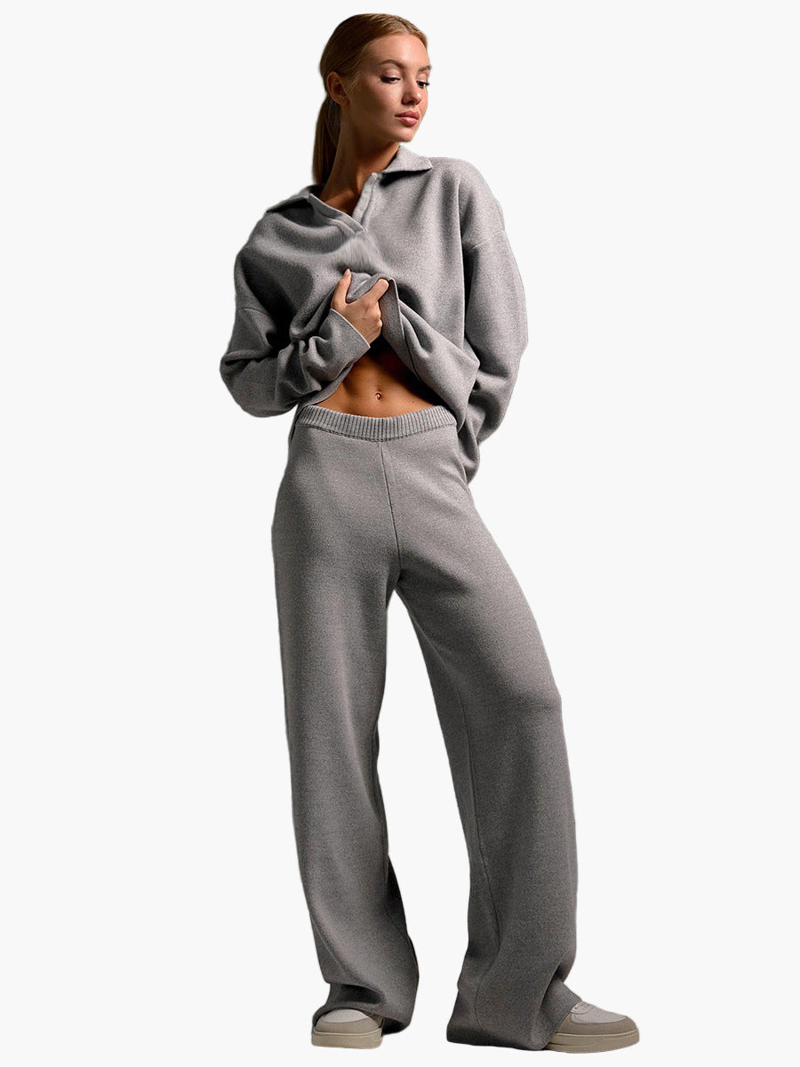 Women's Loungewear Set - Comfortable Knitted Oversized Sweater and Wide Pants - Casual Outfit