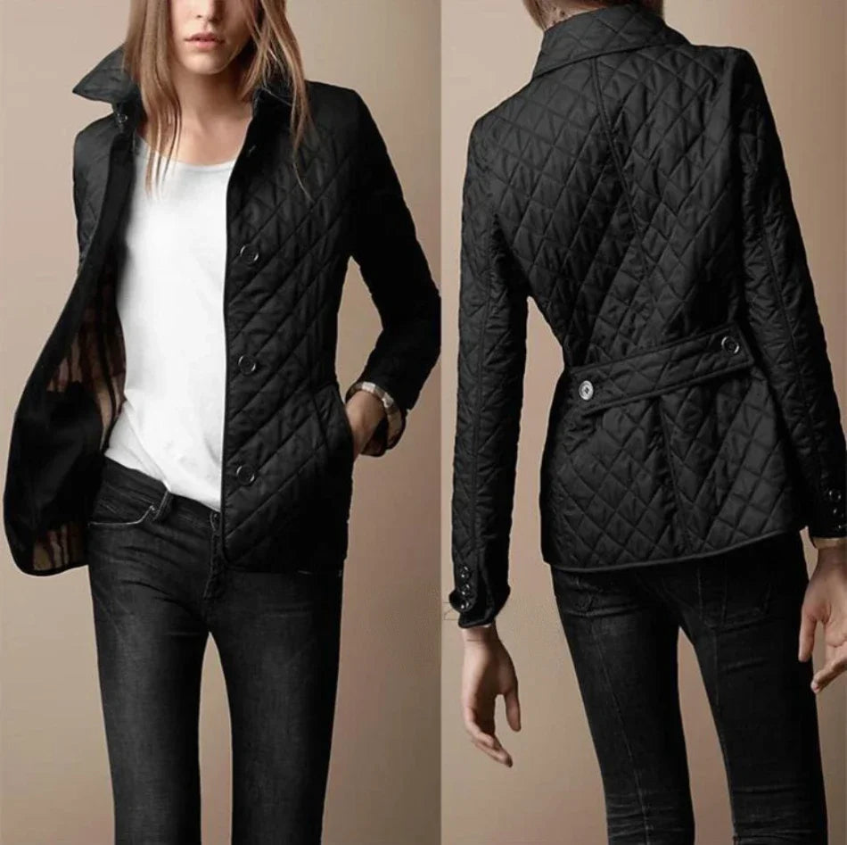 Women's Padded Jacket Mid-Length – Stylish Elegant Checkered Jacket for Spring and Autumn