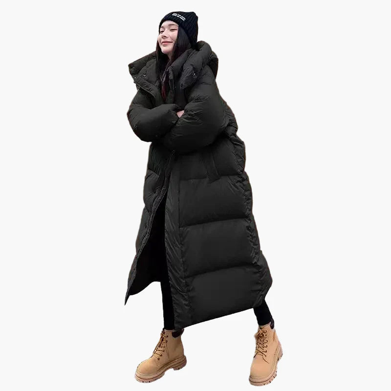 Women's Long Quilted Puffer Jacket With Hood and Relaxed Fit for Winter