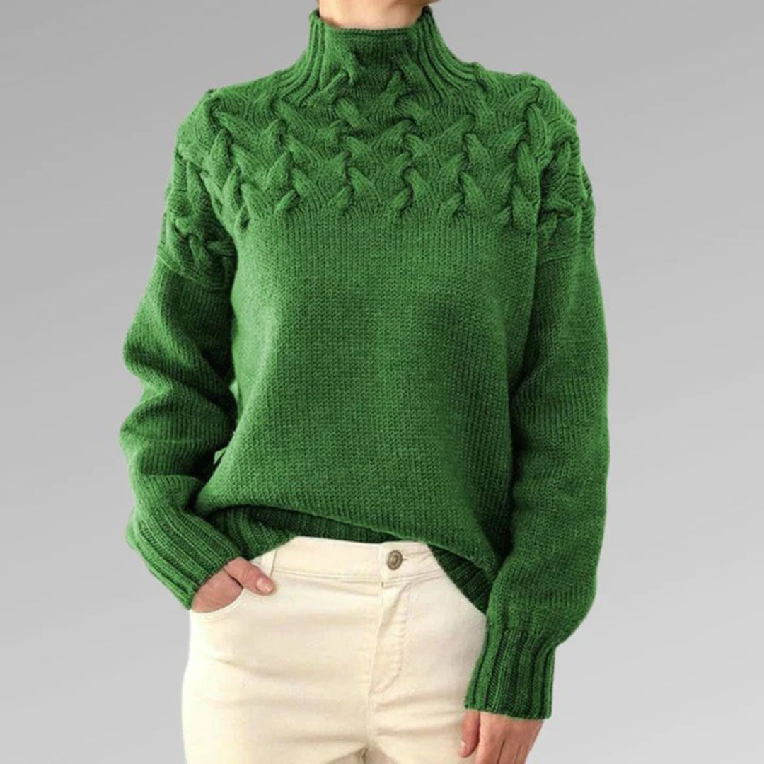 Women's Knitted Turtleneck Sweater with Cable Pattern - Fashionable Warm Winter Sweater