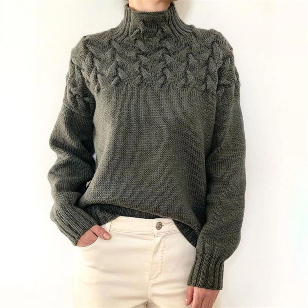 Women's Knitted Turtleneck Sweater with Cable Pattern - Fashionable Warm Winter Sweater