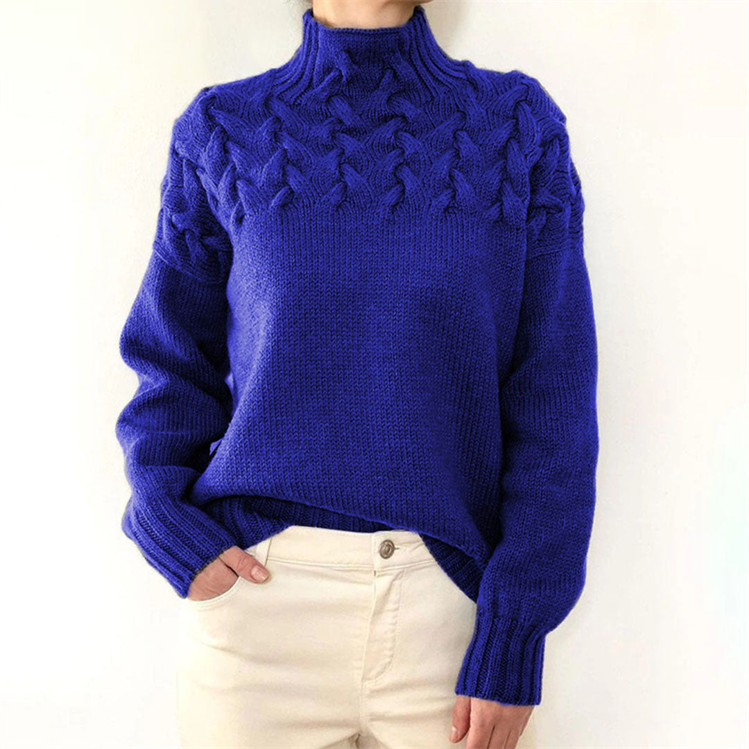 Women's Knitted Turtleneck Sweater with Cable Pattern - Fashionable Warm Winter Sweater