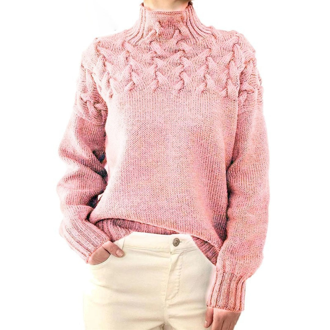 Women's Knitted Turtleneck Sweater with Cable Pattern - Fashionable Warm Winter Sweater