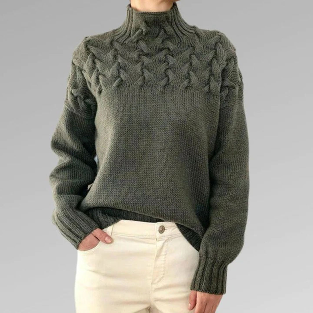 Women's Knitted Turtleneck Sweater with Cable Pattern - Fashionable Warm Winter Sweater