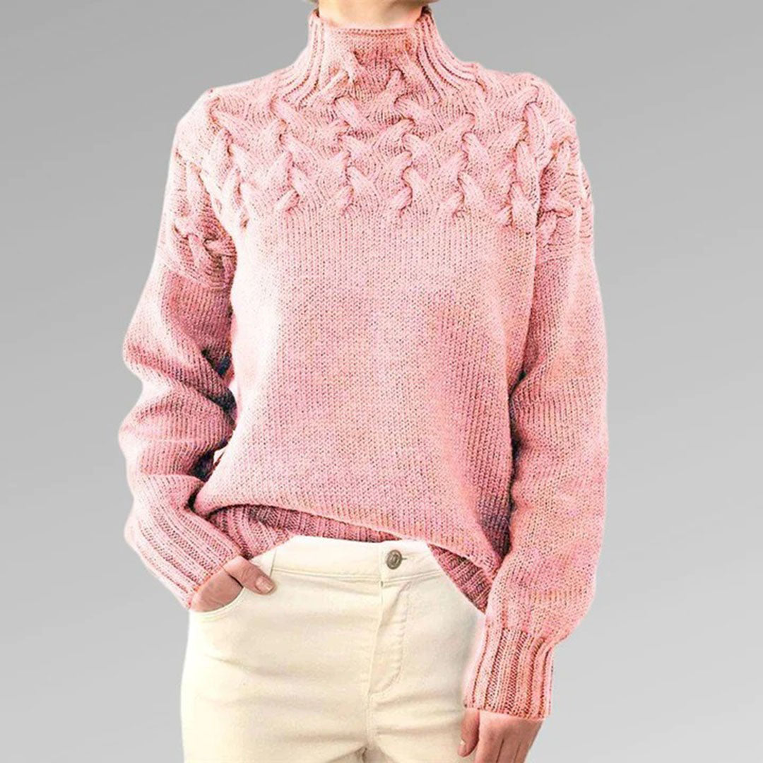 Women's Knitted Turtleneck Sweater with Cable Pattern - Fashionable Warm Winter Sweater