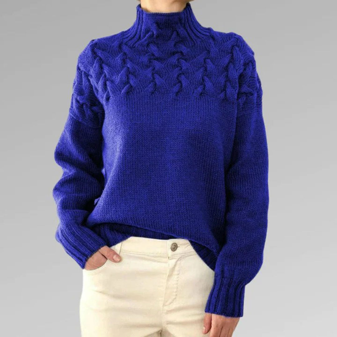 Women's Knitted Turtleneck Sweater with Cable Pattern - Fashionable Warm Winter Sweater