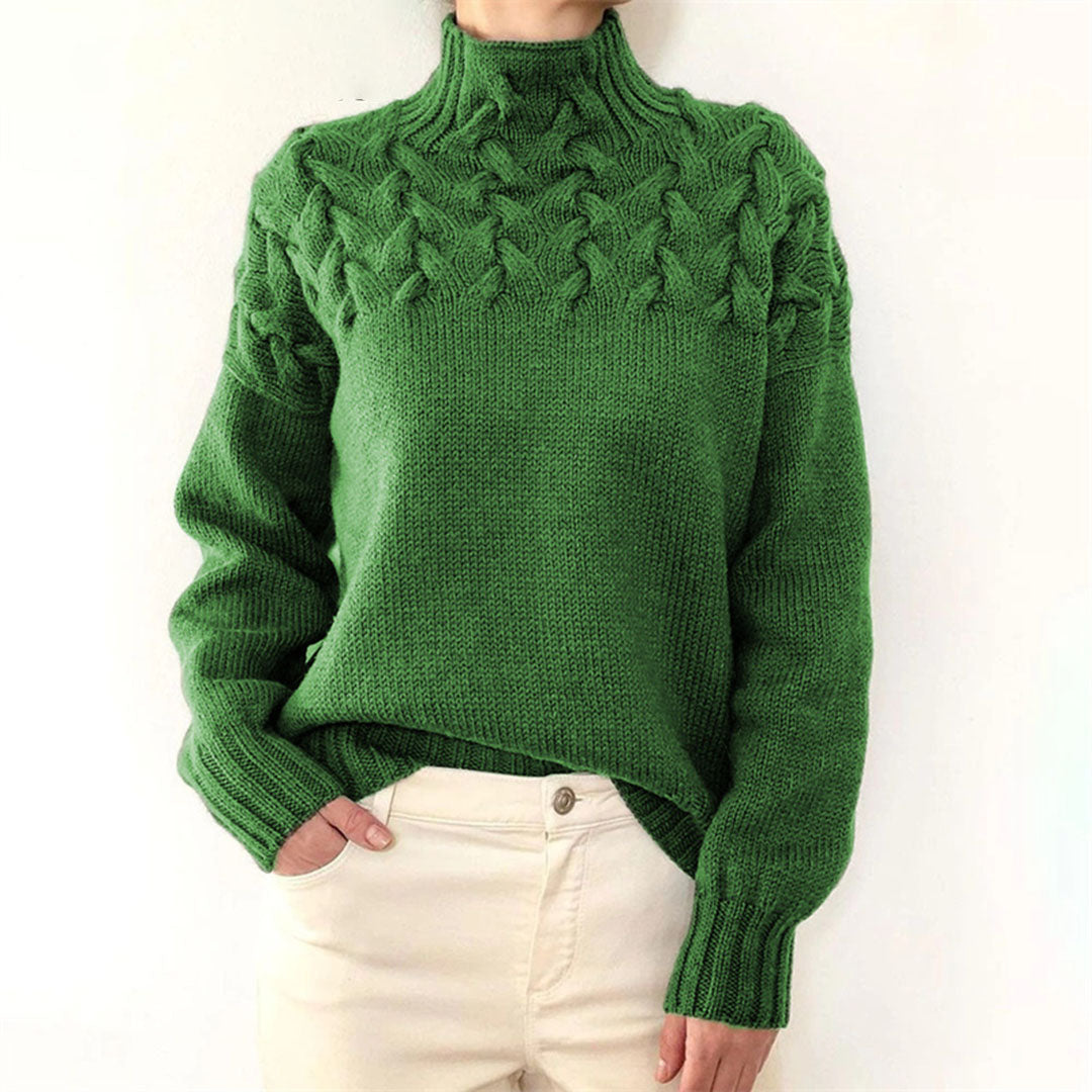 Women's Knitted Turtleneck Sweater with Cable Pattern - Fashionable Warm Winter Sweater