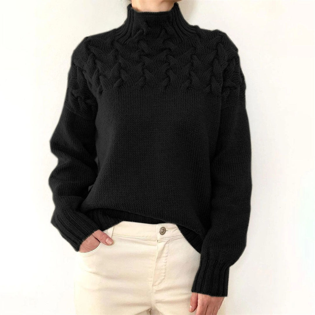 Women's Knitted Turtleneck Sweater with Cable Pattern - Fashionable Warm Winter Sweater