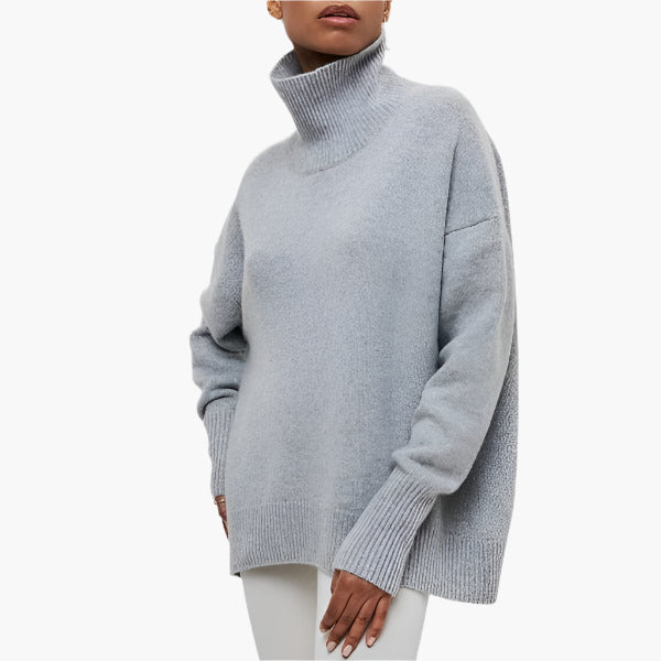 Women's Elegant Sweater with Voluminous Sleeves and High Collar – Fashionable Knitted Sweater for Stylish Looks