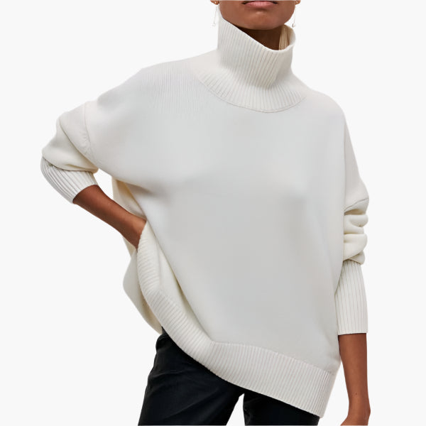 Women's Elegant Sweater with Voluminous Sleeves and High Collar – Fashionable Knitted Sweater for Stylish Looks