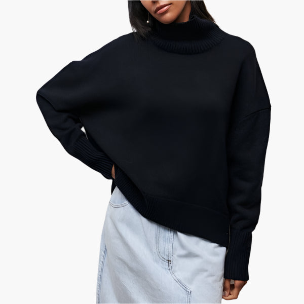 Women's Elegant Sweater with Voluminous Sleeves and High Collar – Fashionable Knitted Sweater for Stylish Looks
