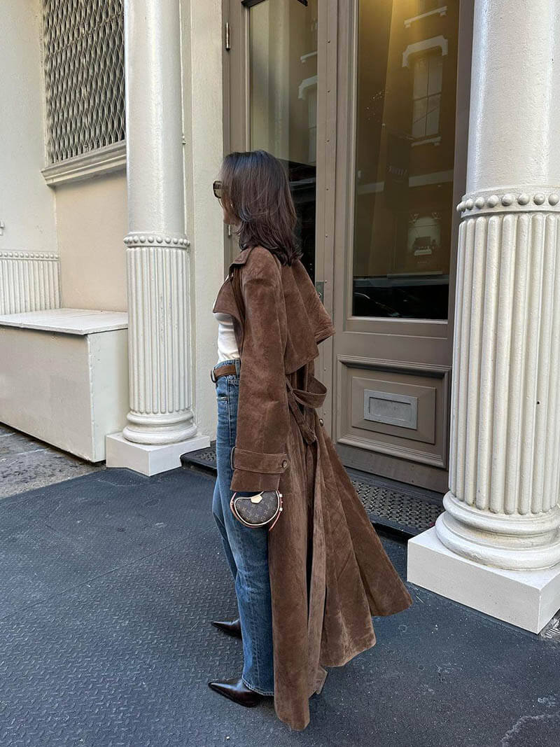 Women's Long Trench Coat Suede Style – Elegant Classic Overcoat for Comfort and Style