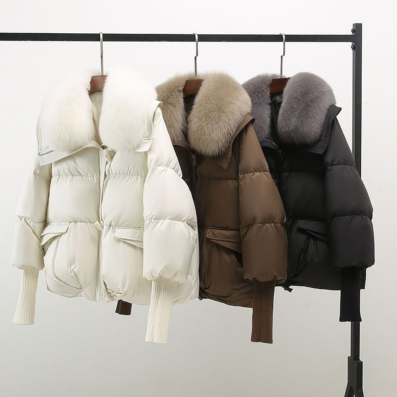 Women's Luxury Winter Puffer Jacket with Fur Collar and Long Sleeves – Fashionable Warm Windbreaker