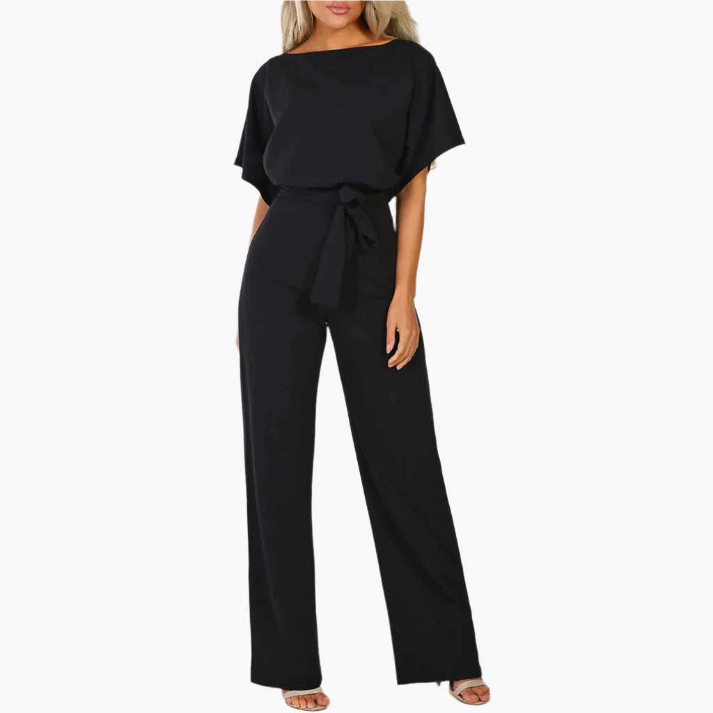 Women's elegant jumpsuit with bow belt – chic wide-leg for party and evening