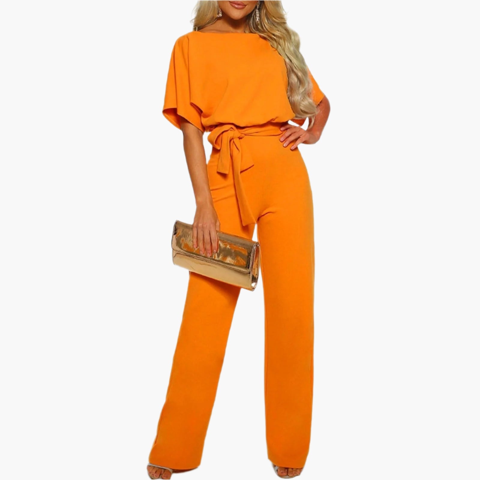 Women's elegant jumpsuit with bow belt – chic wide-leg for party and evening