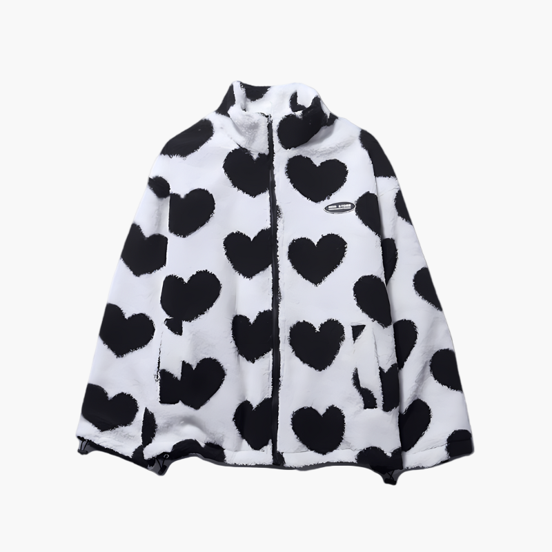 Women's Reversible Fleece Jacket with Heart Pattern – Stylish Reversible Outdoor Jacket for Comfort and Warmth