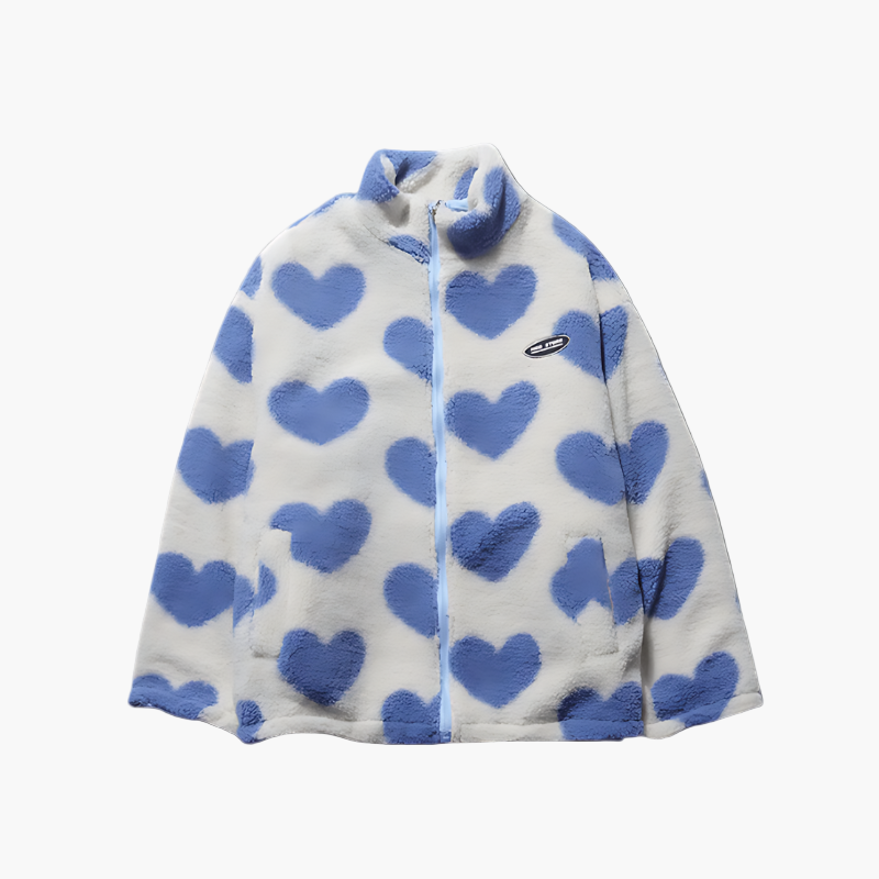 Women's Reversible Fleece Jacket with Heart Pattern – Stylish Reversible Outdoor Jacket for Comfort and Warmth