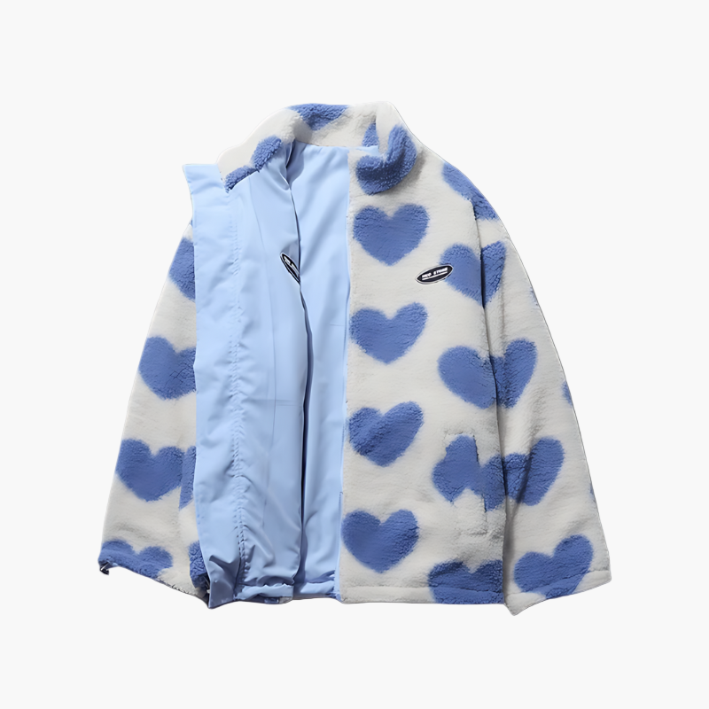 Women's Reversible Fleece Jacket with Heart Pattern – Stylish Reversible Outdoor Jacket for Comfort and Warmth