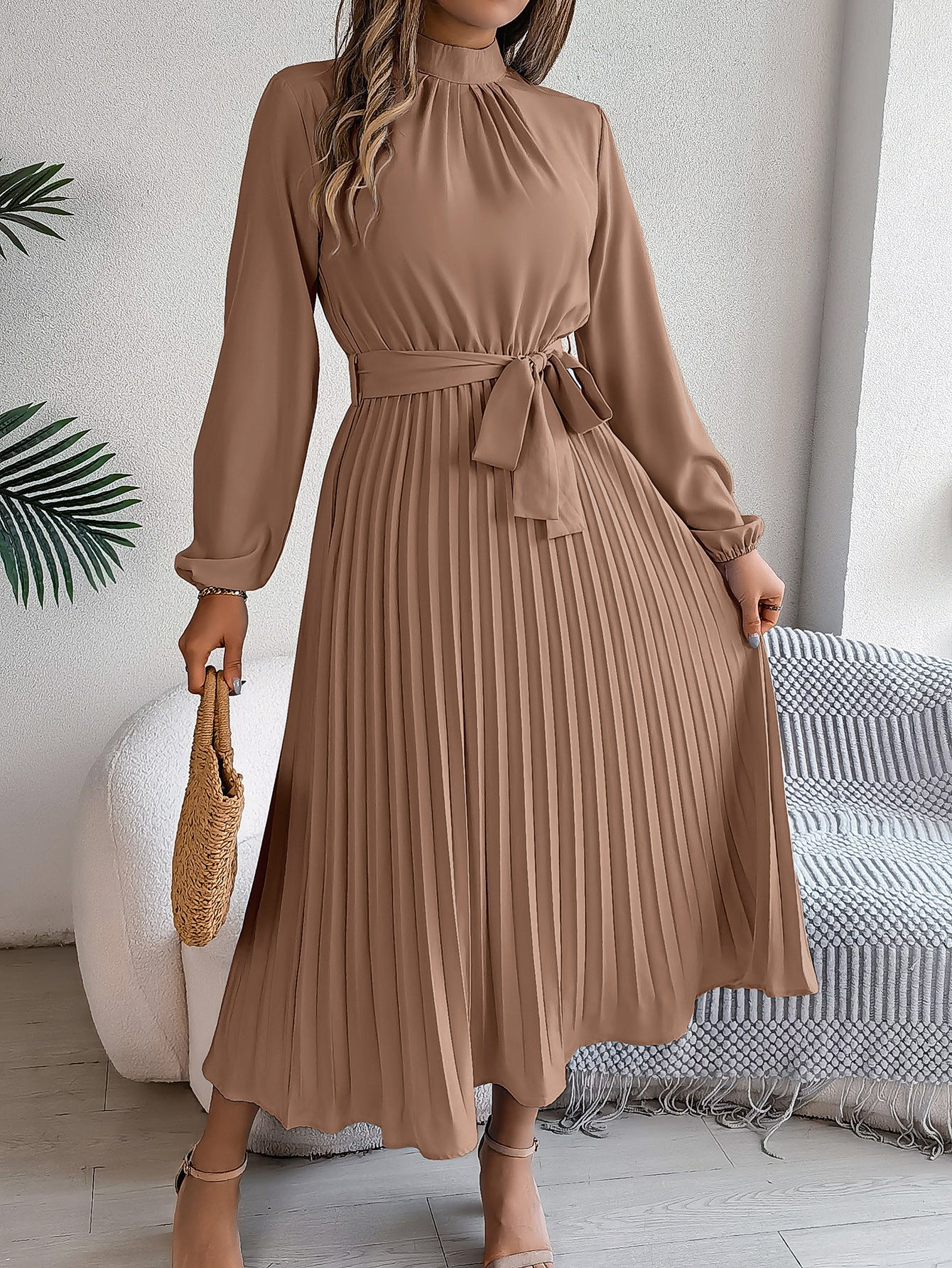 Women's Elegant Pleated Midi Dress with Bow Belt – Timeless Look for Work or Party