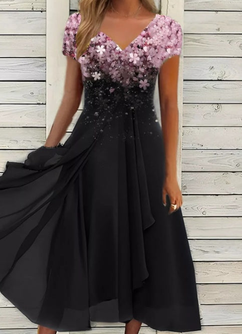 Ladies Elegant Evening Dress with Flower Detail and V-Neck