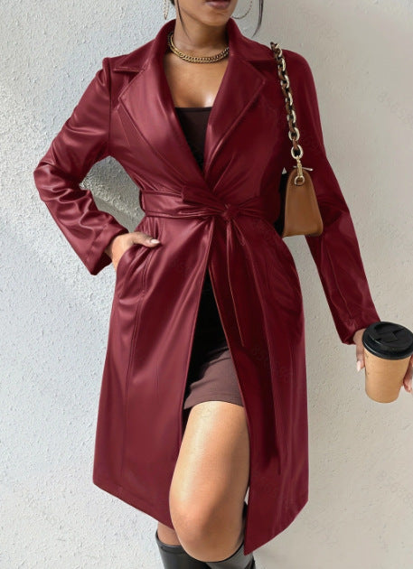 Megan – Long Trench Coat with Vegan Leather and Pockets