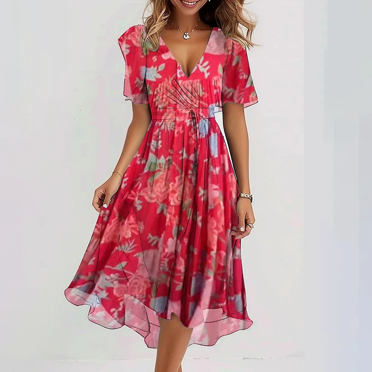Women's wrap dress with floral pattern and elegant chiffon look