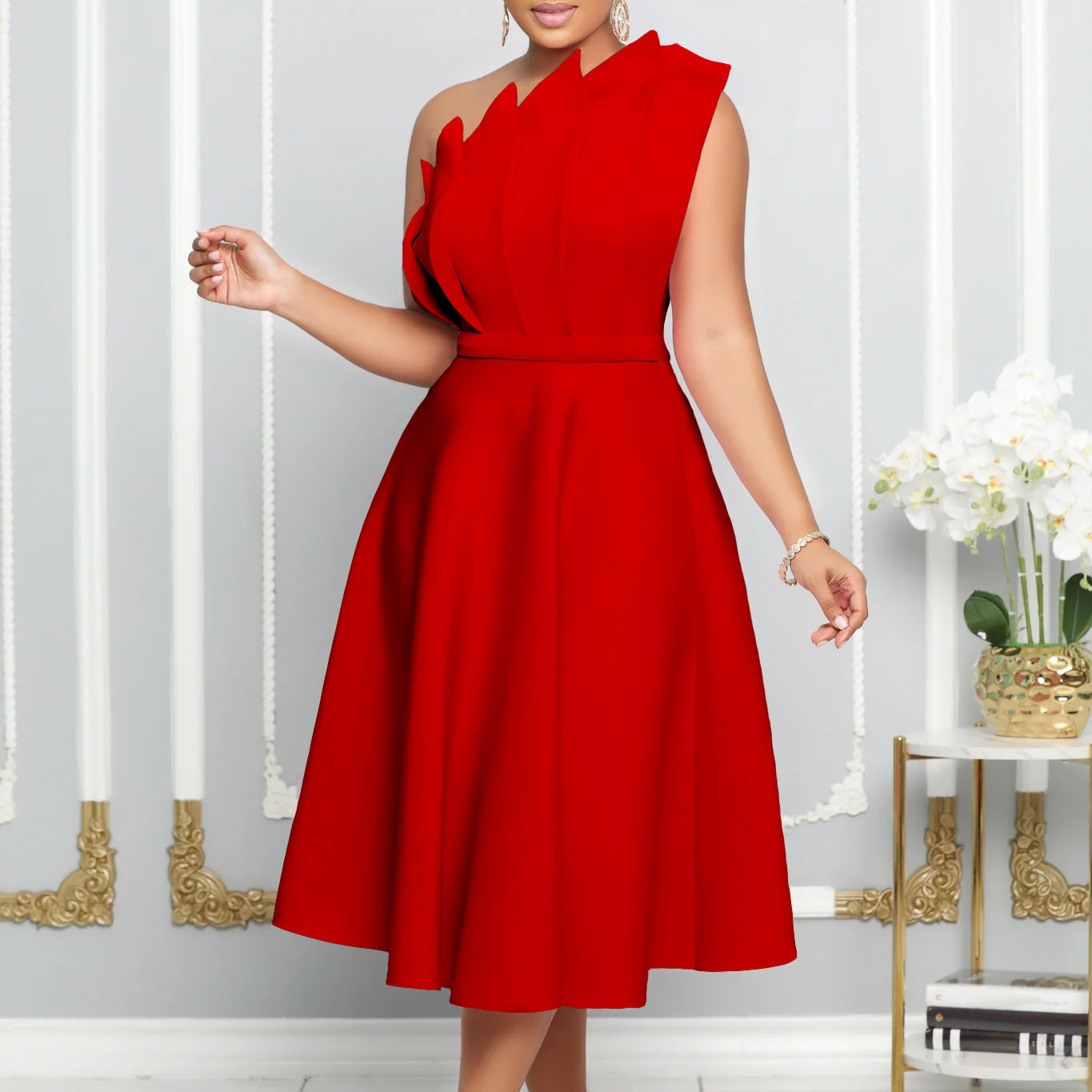 Kathryn – Elegant One-shoulder Dress with High Waist and Ruffles