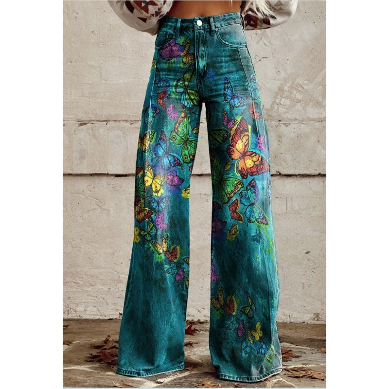Charlotte – Printed High Waist Imitation Denim Wide Pants