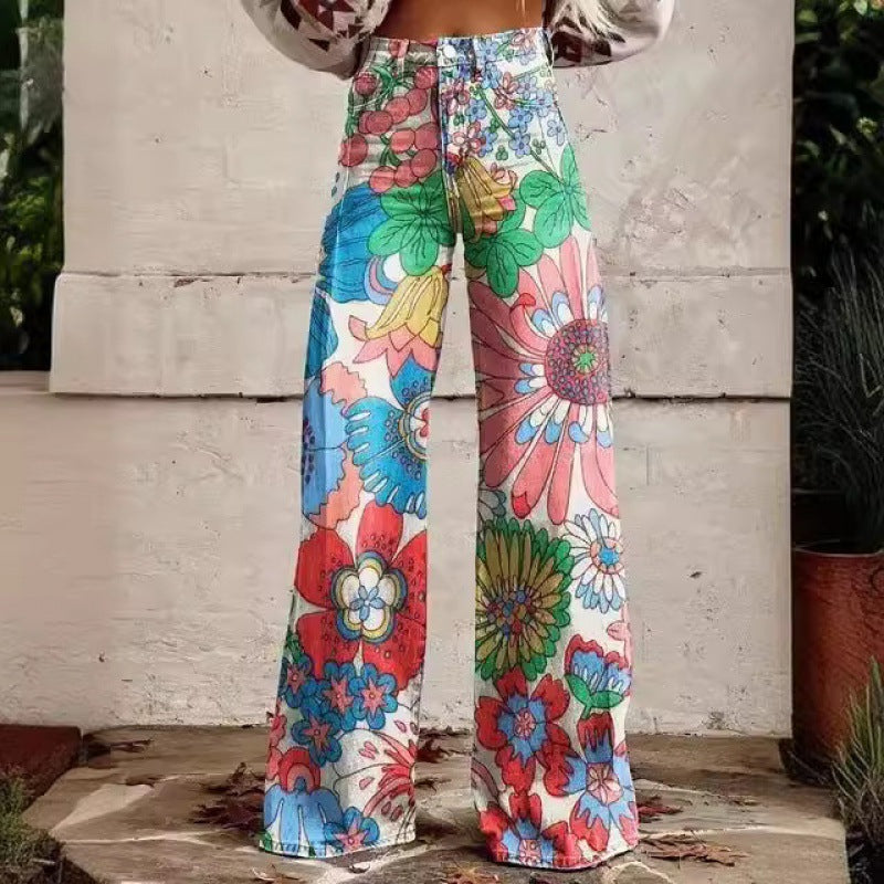 Charlotte – Printed High Waist Imitation Denim Wide Pants
