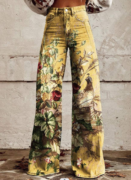Charlotte – Printed High Waist Imitation Denim Wide Pants