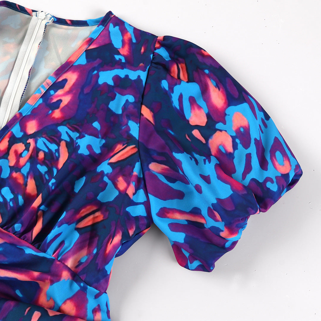 Women's Dress with Puff Sleeves and Elegant Print – Ideal for Parties and Summer Occasions