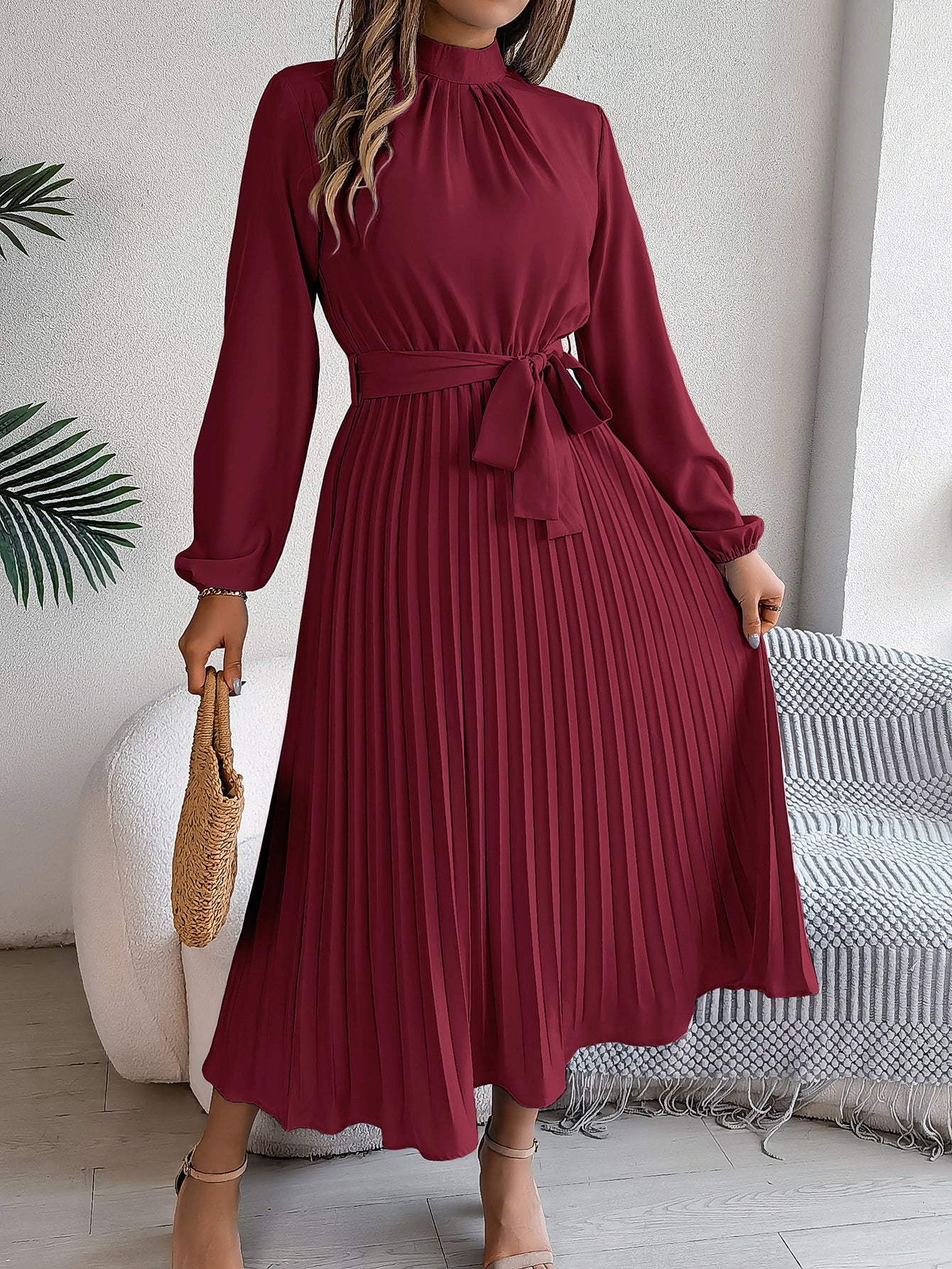 Women's Elegant Pleated Midi Dress with Bow Belt – Timeless Look for Work or Party