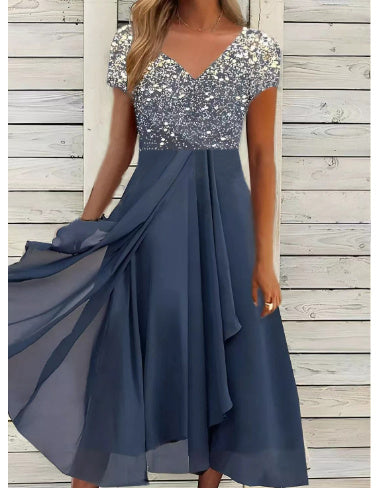 Ladies Elegant Evening Dress with Flower Detail and V-Neck