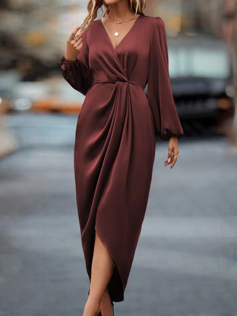 Women's Elegant Midi Dress with Wrap and Long Sleeves – Perfect for Evening and Business Use