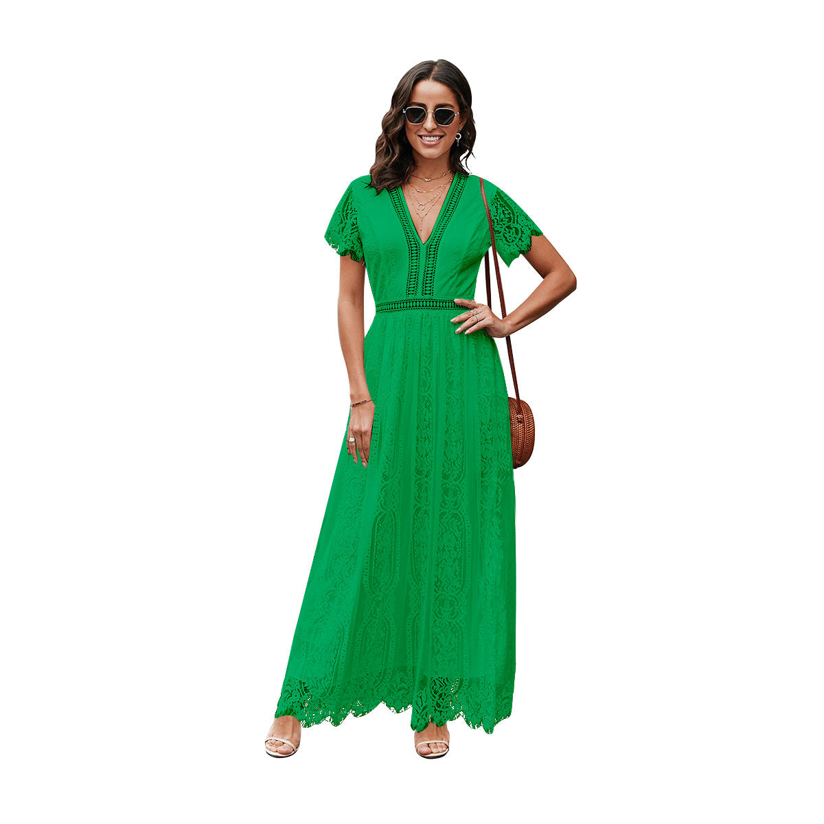 Amelia – Elegant Long Dress with Lace and Short Sleeves