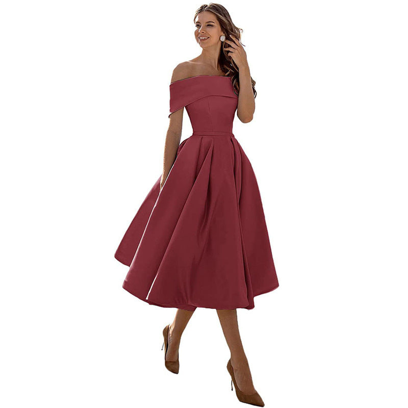Ladies Off-Shoulder Cocktail Dress with Elegant Pleated Skirt