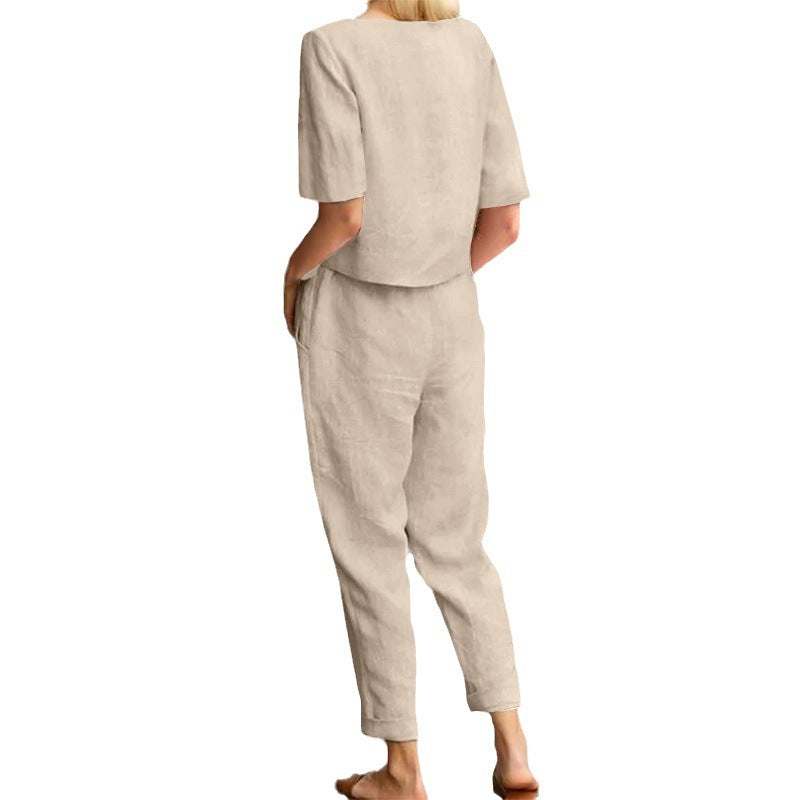 Women's Two-Piece Set with Pants – Minimalist Casual Outfit for Summer and Leisure Time