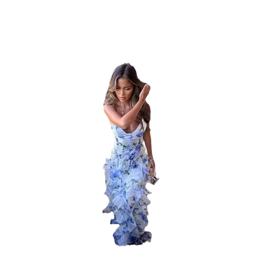 Ladies Maxi Dress Elegant Floral Print Organza Evening Dress – Chic and Romantic for Party and Special Occasions