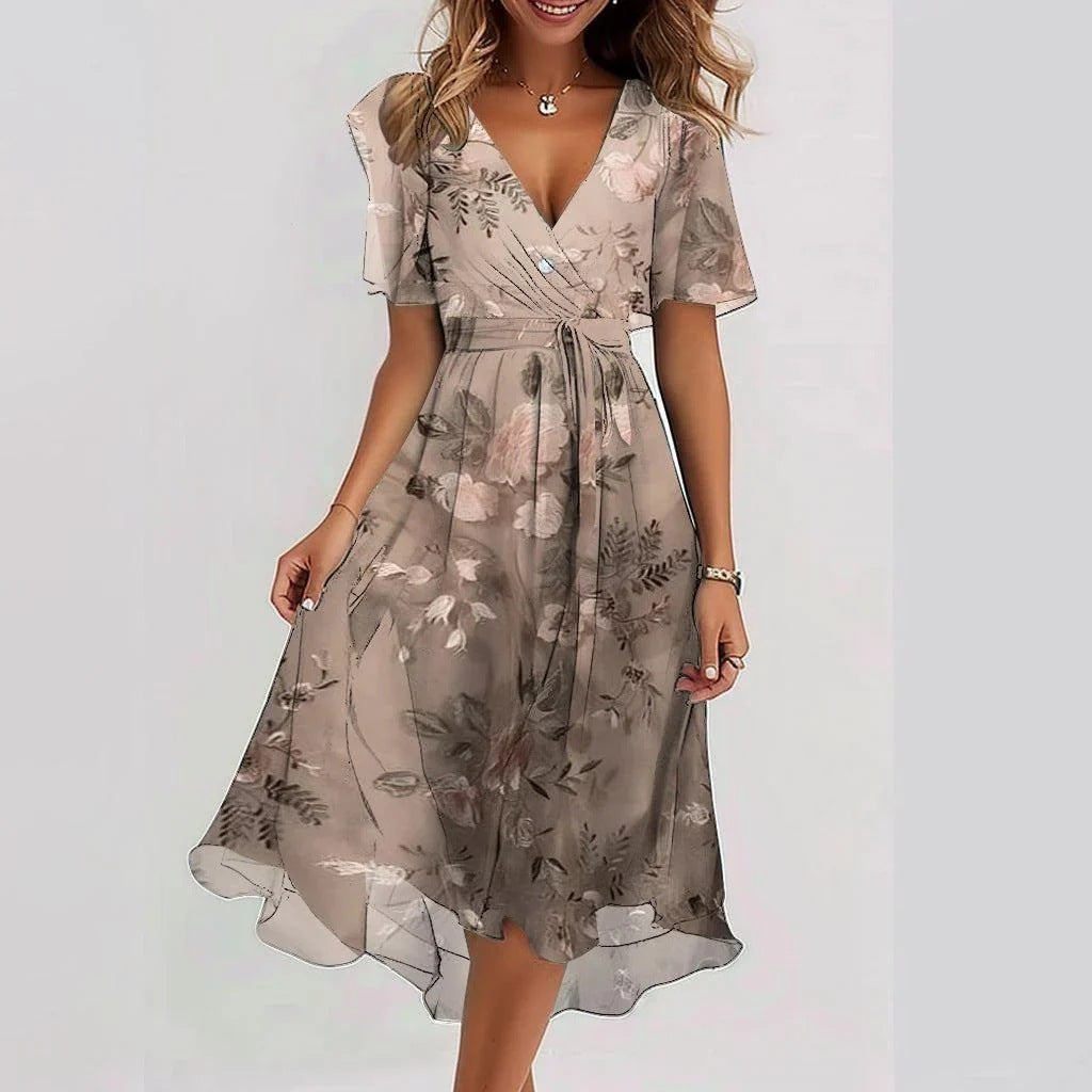 Women's wrap dress with floral pattern and elegant chiffon look