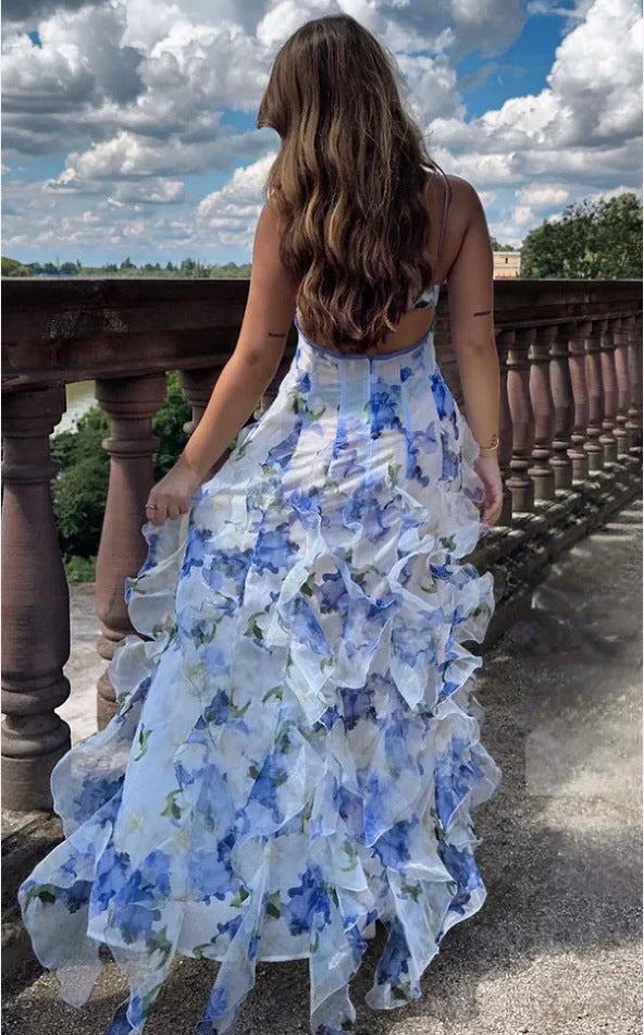 Ladies Maxi Dress Elegant Floral Print Organza Evening Dress – Chic and Romantic for Party and Special Occasions